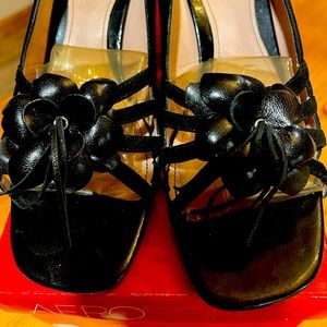 Aerosols black leather and suede open toed heels size 6.5